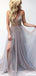 A-line See Through Tulle Beaded Long Spaghetti Straps Evening Prom Dresses, MR8058