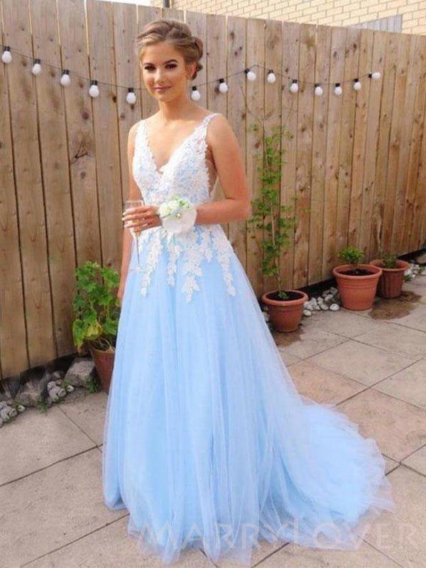Elegant Blue Tulle A Line V Neck Lace Long Evening Prom Dresses, Cheap Custom V Back Prom Dress, MR8059 Elegant Blue Tulle A Line V Neck Lace Long Evening Prom Dresses, Cheap Custom V Back Prom Dress, MR8059