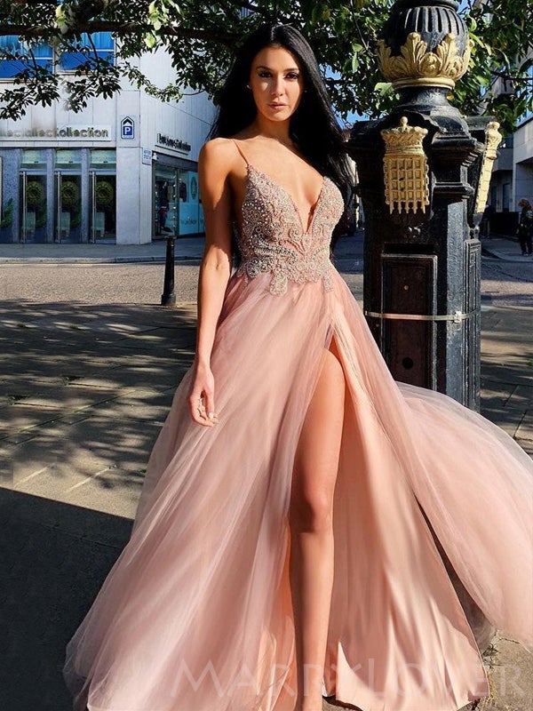 Sexy Deep V-neck Dusty Pink Tulle Beaded A-line Long Evening Prom Dres MarryLover Sexy Deep V-neck Dusty Pink Tulle Beaded A-line Long Evening Prom Dres MarryLover
