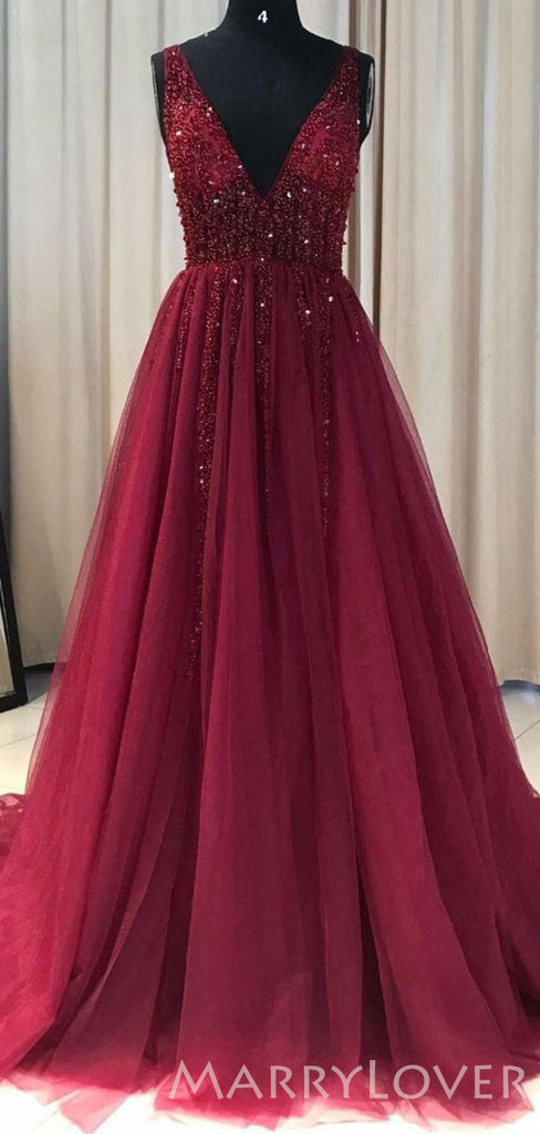 A-line Burgundy Tulle Beaded Long Evening Prom Dresses, MR8087