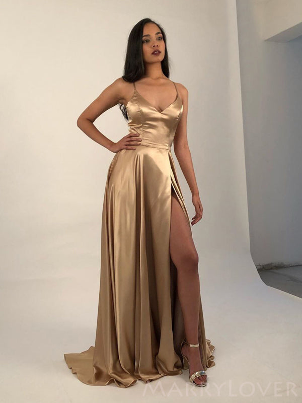 A-line Gold Satin Spaghetti Straps Long Evening Prom Dresses, MR8090 MarryLover A-line Gold Satin Spaghetti Straps Long Evening Prom Dresses, MR8090 MarryLover