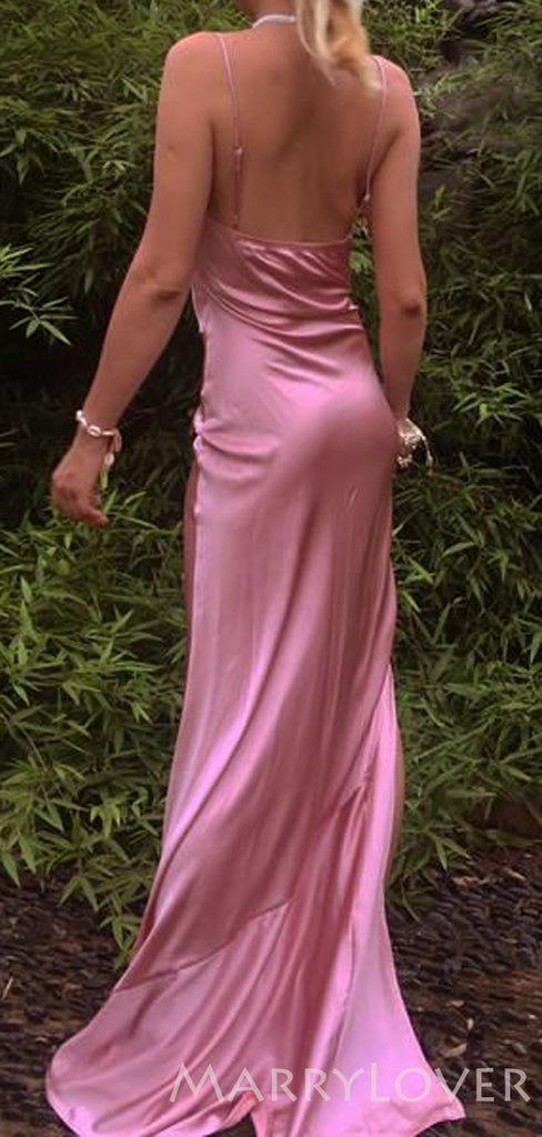 Sheath Purple Satin Spaghetti Straps Long Cowl Neck Evening Prom Dresses, MR8091
