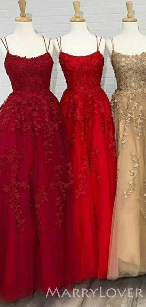 A-line Pink Tulle Appliques Spaghetti Straps Long Evening Prom Dresses, MR8092