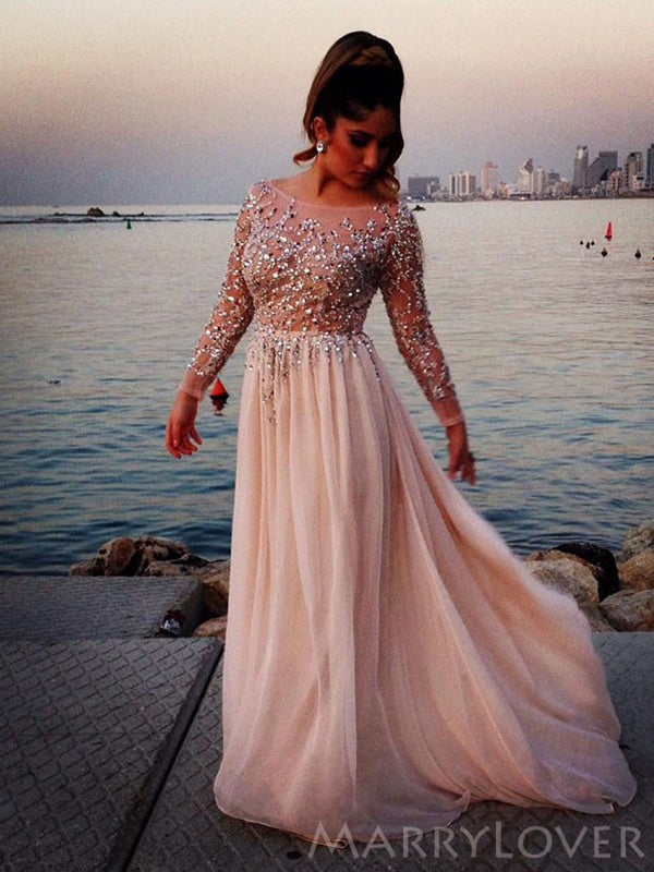 Sexy See Throuth Long Sleeves Chiffon Long Beaded Evening Prom Dresses MarryLover Sexy See Throuth Long Sleeves Chiffon Long Beaded Evening Prom Dresses MarryLover