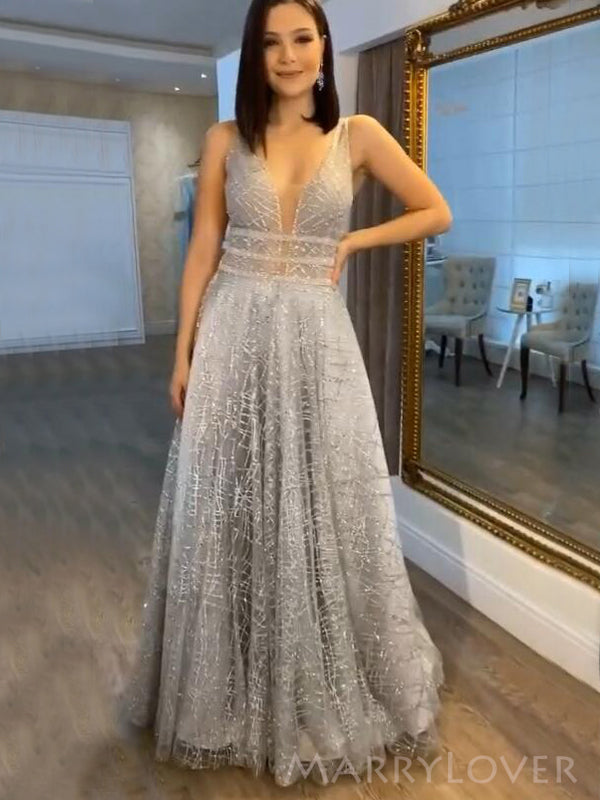 Grey Sequin Sparkly A-line V-neck Long Evening Prom Dresses, MR8109 Grey Sequin Sparkly A-line V-neck Long Evening Prom Dresses, MR8109