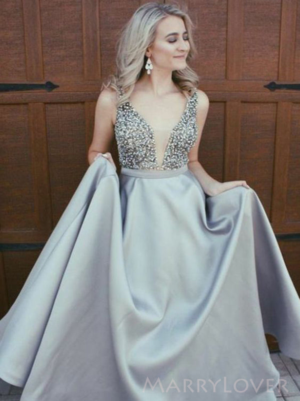 Deep V-neck Grey Satin Beaded Long A-line Evening Prom Dresses, MR8112 MarryLover Deep V-neck Grey Satin Beaded Long A-line Evening Prom Dresses, MR8112 MarryLover