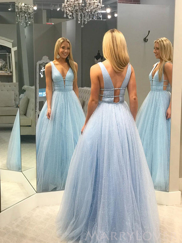 Deep V-neck Sky Blue Sequin Sparkly Long A-line Evening Prom Dresses, MarryLover Deep V-neck Sky Blue Sequin Sparkly Long A-line Evening Prom Dresses, MarryLover