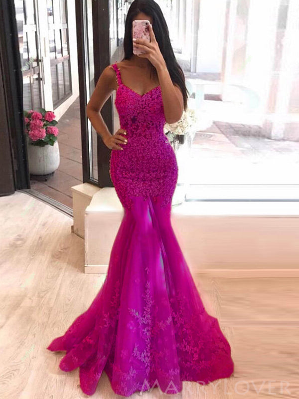 Mermaid Fuchsia Tulle Appliques Spaghetti Straps Long lace Evening Pro MarryLover Mermaid Fuchsia Tulle Appliques Spaghetti Straps Long lace Evening Pro MarryLover