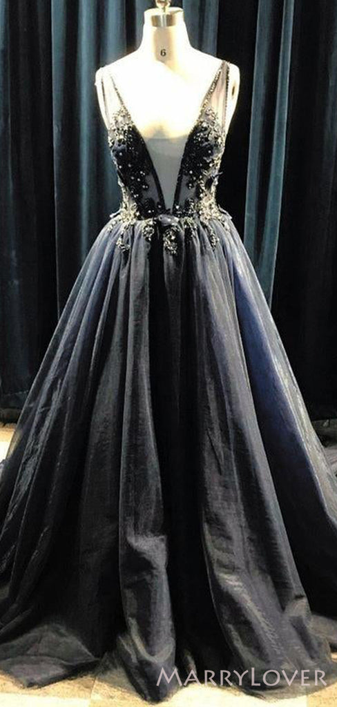 Deep V-neck Black Organza Appliques Beaded Long A-line Evening Prom Dresses, MR8126