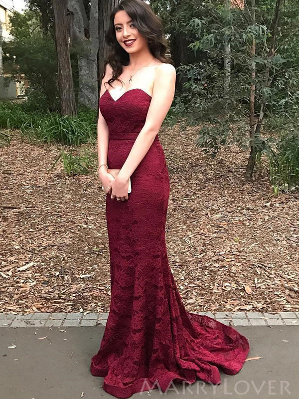 Burgundy Lace Strapless Long Mermaid Evening Prom Dresses, MR8128 MarryLover Burgundy Lace Strapless Long Mermaid Evening Prom Dresses, MR8128 MarryLover
