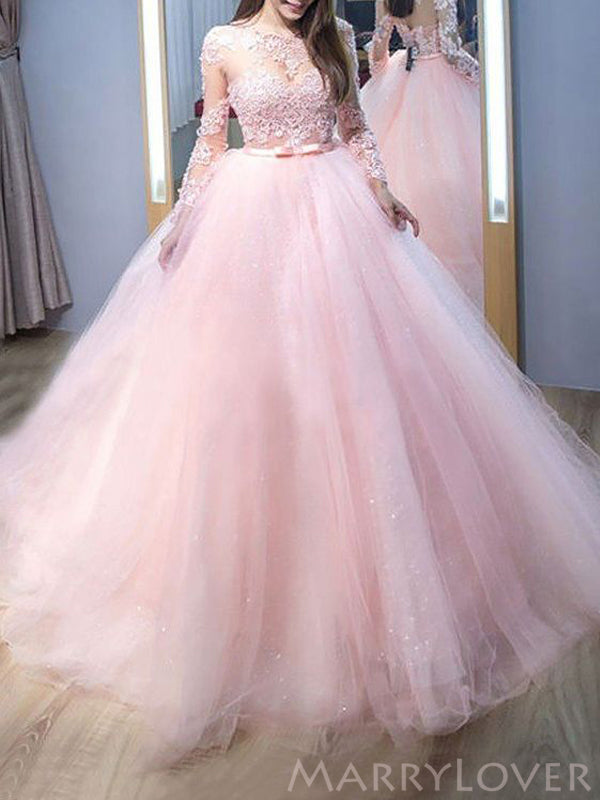 Long Sleeves Pink Tulle Appliques High Neck Long A-line Evening Prom Dresses, Pink Wedding Dresses, MR8157