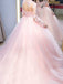 Long Sleeves Pink Tulle Appliques High Neck Long A-line Evening Prom Dresses, Pink Wedding Dresses, MR8157