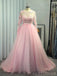 Long Sleeves Pink Tulle Appliques High Neck Long A-line Evening Prom Dresses, Pink Wedding Dresses, MR8157