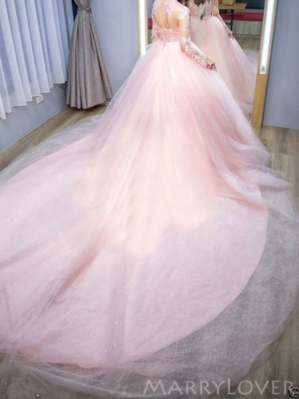 Long Sleeves Pink Tulle Appliques High Neck Long A-line Evening Prom Dresses, Pink Wedding Dresses, MR8157