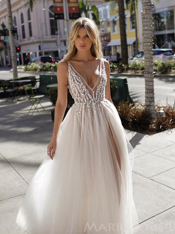 A-line Deep V-neck Tulle High Slit Long Beaded Evening Prom Dresses, M MarryLover A-line Deep V-neck Tulle High Slit Long Beaded Evening Prom Dresses, M MarryLover
