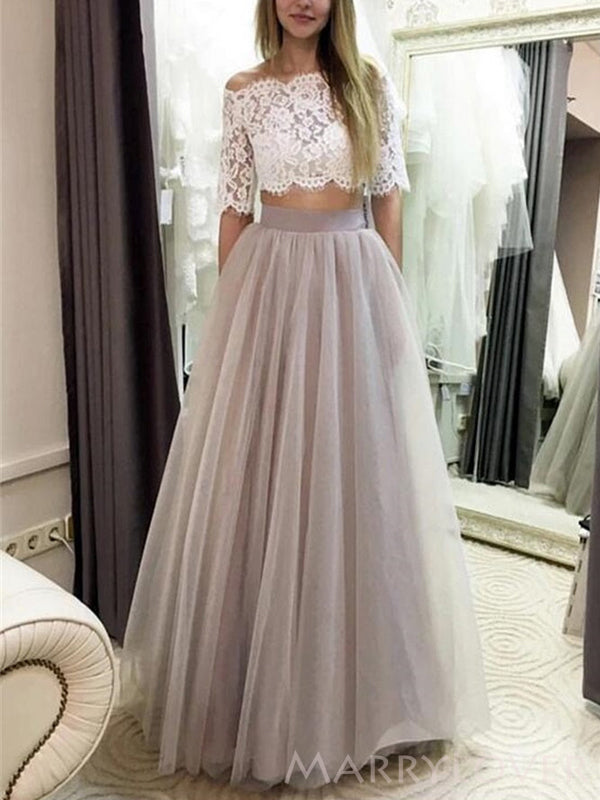 grey prom dresses two piece Two Piece Deep V Neck Slit Grey Satin Prom Dresss With Beading PG526 US10 / Grey