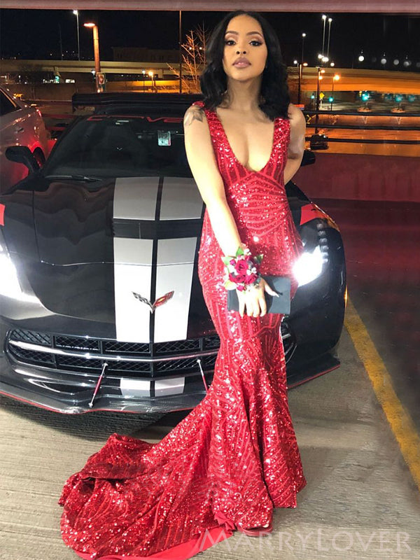 Deep V Neck Red Sequin Long Mermaid Evening Prom Dresses, Cheap Custom MarryLover Deep V Neck Red Sequin Long Mermaid Evening Prom Dresses, Cheap Custom MarryLover