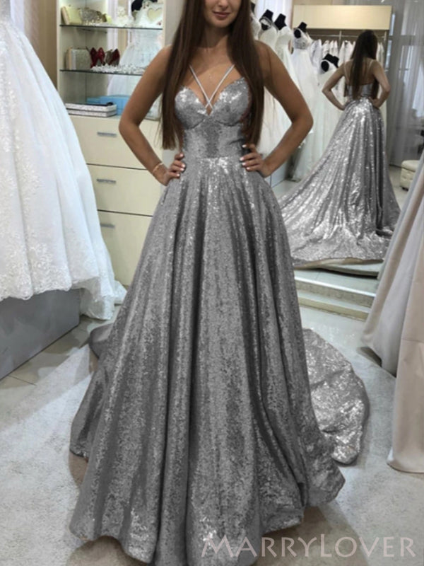 A-line Silver Sequin Long Evening Prom Dresses, Spaghetti Straps Custo MarryLover A-line Silver Sequin Long Evening Prom Dresses, Spaghetti Straps Custo MarryLover