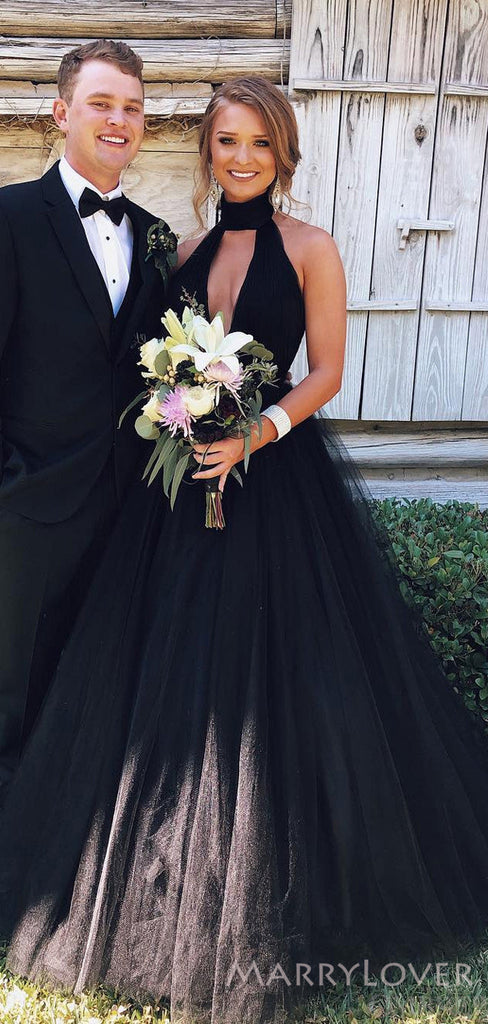 A-line Black Tulle Long Evening Prom Dresses, Deep V Neck Halter Custom Prom Dress, MR8192