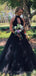 A-line Black Tulle Long Evening Prom Dresses, Deep V Neck Halter Custom Prom Dress, MR8192