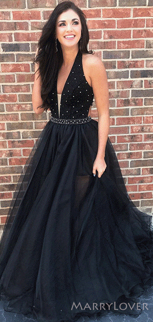 A-line Black Tulle Beaded Long Evening Prom Dresses, Deep V Neck Custom Prom Dress, MR8198