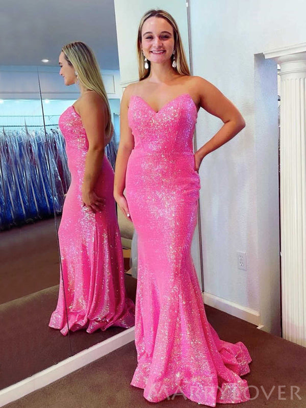 Mermaid Hot Pink Sequin Long Strapless Evening Prom Dresses, Sweetheart Custom Mermaid Prom Dresses, MR8218 Mermaid Hot Pink Sequin Long Strapless Evening Prom Dresses, Sweetheart Custom Mermaid Prom Dresses, MR8218