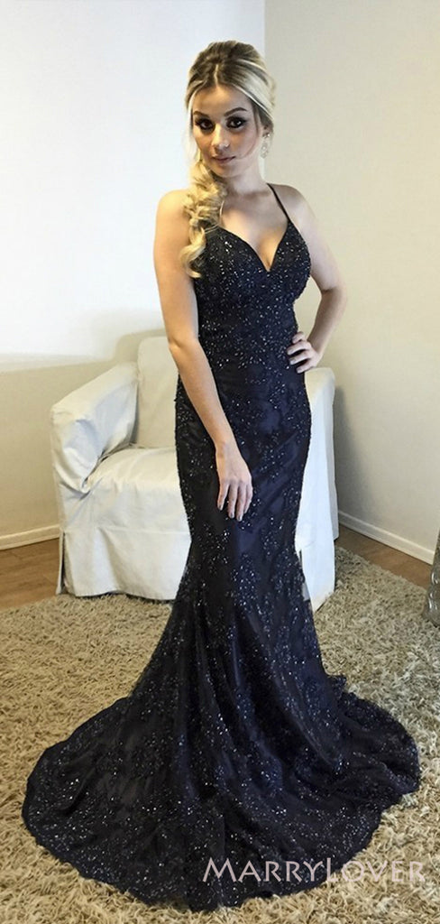 Spaghetti Straps Mermaid Black Tulle Appliques Long Evening Prom Dresses, Custom Prom Dress, MR8220