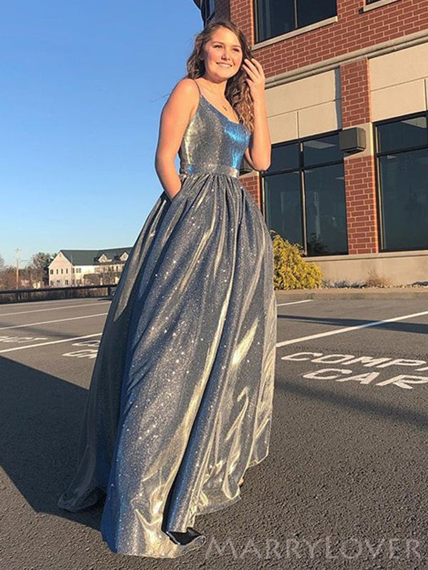 Grey Spaghetti Straps Long Evening Prom Dresses, A-line Sparkly Custom MarryLover Grey Spaghetti Straps Long Evening Prom Dresses, A-line Sparkly Custom MarryLover