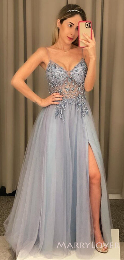 A-line Dusty Blue Tulle Beaded Long Evening Prom Dresses, Spaghetti Straps Custom Prom Dresses, MR8232