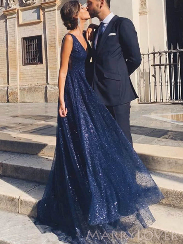 A-line Navy Blue Tulle Sparkly Long Evening Prom Dresses, V Neck Custo MarryLover A-line Navy Blue Tulle Sparkly Long Evening Prom Dresses, V Neck Custo MarryLover