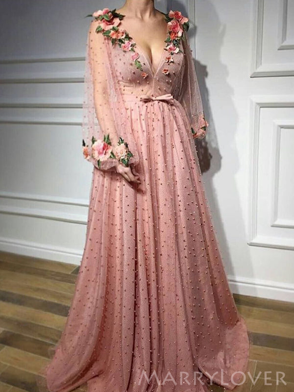 3D Flowers Long Sleeve Pink Tulle Pearl Beaded Long Evening Prom Dresses, A-line Custom Prom Dress, MR8237