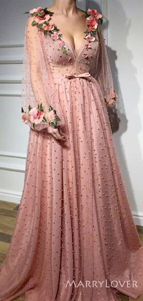 3D Flowers Long Sleeve Pink Tulle Pearl Beaded Long Evening Prom Dresses, A-line Custom Prom Dress, MR8237