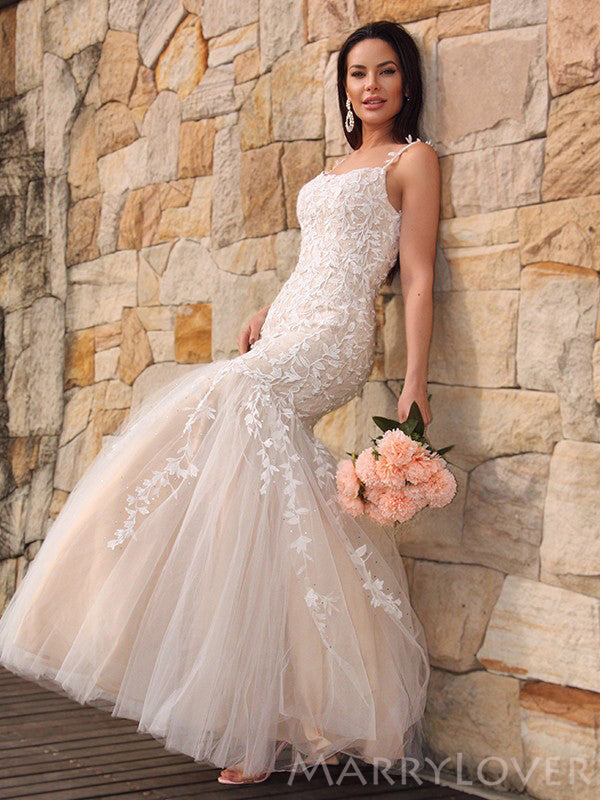 Champagne Tulle Appliques Spaghetti Straps Long Evening Prom Dresses, Mermaid Custom Prom Dress, MR8240