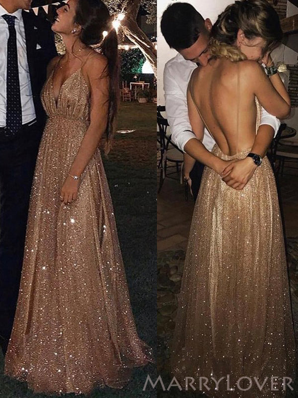 Sexy Backless Gold Sequin Sparkly Long Evening Prom Dresses, A-line Spaghetti Straps Custom Prom Dress, MR8243 Sexy Backless Gold Sequin Sparkly Long Evening Prom Dresses, A-line Spaghetti Straps Custom Prom Dress, MR8243