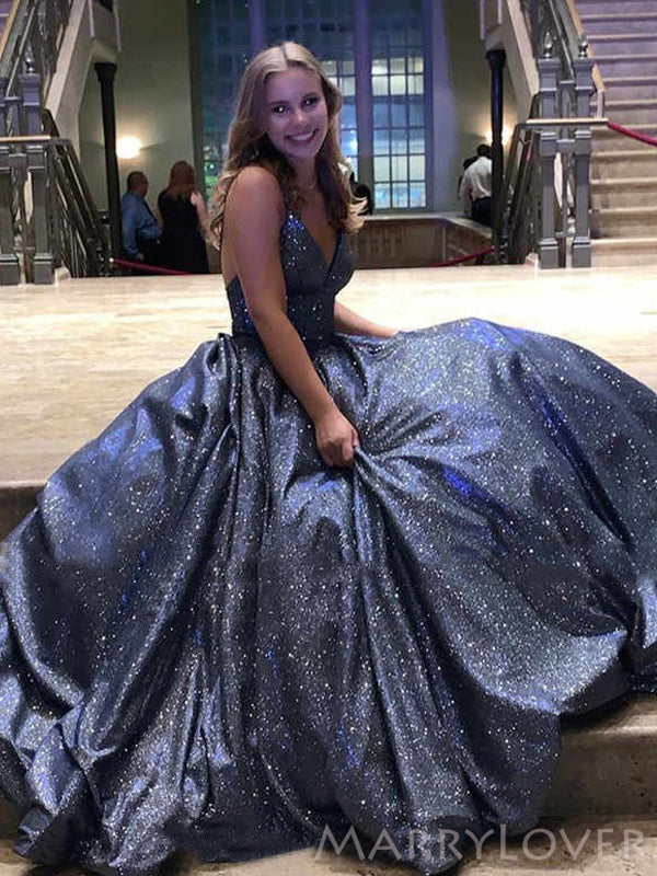 Spaghetti Straps Navy Blue Sparkly Long Evening Prom Dresses, A-line C MarryLover Spaghetti Straps Navy Blue Sparkly Long Evening Prom Dresses, A-line C MarryLover