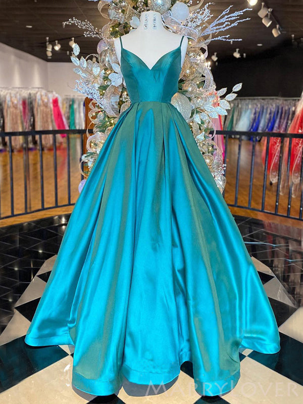 A-line Peacock Blue Satin Long Evening Prom Dresses, Spaghetti Straps MarryLover A-line Peacock Blue Satin Long Evening Prom Dresses, Spaghetti Straps MarryLover
