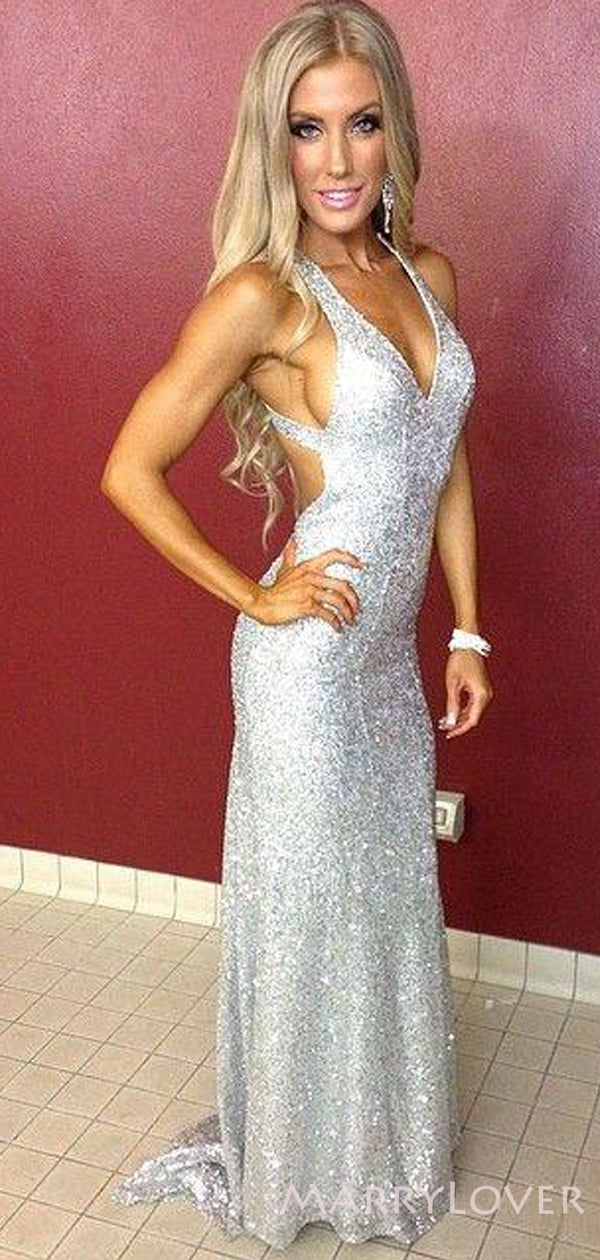 Sexy Backless Silver Sequin Long Evening Prom Dresses, Mermaid V Neck MarryLover Sexy Backless Silver Sequin Long Evening Prom Dresses, Mermaid V Neck MarryLover