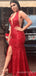 Red Sequin Long Halter Evening Prom Dresses, Mermaid V Neck Custom Prom Dresses, MR8263