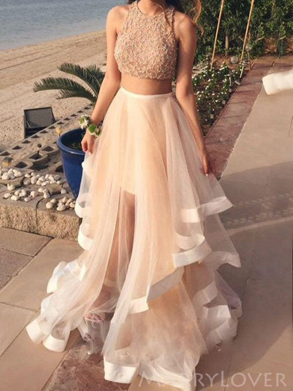 Two Pieces Champagne Tulle Beaded Long Evening Prom Dresses, A-line Cu MarryLover Two Pieces Champagne Tulle Beaded Long Evening Prom Dresses, A-line Cu MarryLover