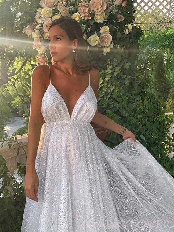 Spaghetti Straps White Sequin Long Evening Prom Dresses, A-line V Neck Custom Prom Dresses, MR8269 Spaghetti Straps White Sequin Long Evening Prom Dresses, A-line V Neck Custom Prom Dresses, MR8269