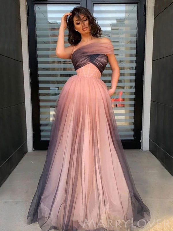 One Shoulder Gradient Tulle Long Evening Prom Dresses, A-line Pink Cus MarryLover One Shoulder Gradient Tulle Long Evening Prom Dresses, A-line Pink Cus MarryLover