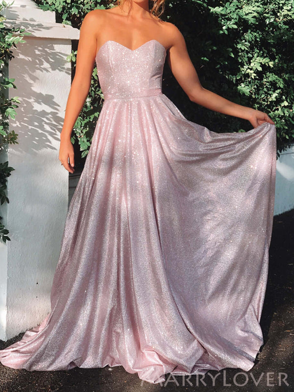A-line Pink Sparkly Long Evening Prom Dresses, Strapless Sweetheart Cu MarryLover A-line Pink Sparkly Long Evening Prom Dresses, Strapless Sweetheart Cu MarryLover