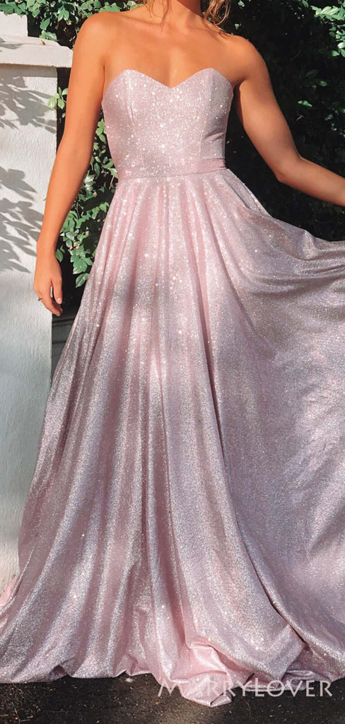 A-line Pink Sparkly Long Evening Prom Dresses, Strapless Sweetheart Custom Prom Dresses, MR8281
