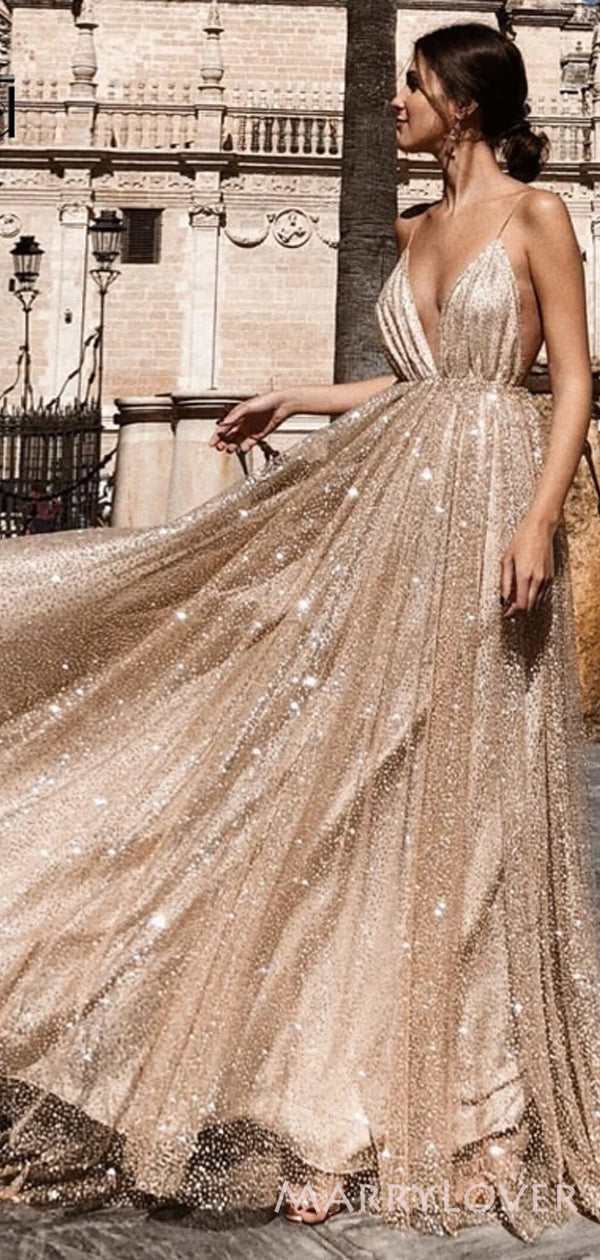 gold sequin v neck dress Elegant V-Neck Long Sleeve Prom Dress with High Split, Sparkle Gold Sequin Gown