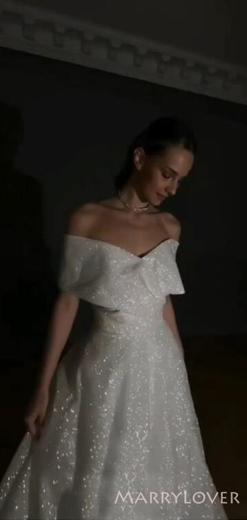 Off Shoulder White Sparkly Long Evening Prom Dresses, A-line Custom Prom Dresses, MR8307