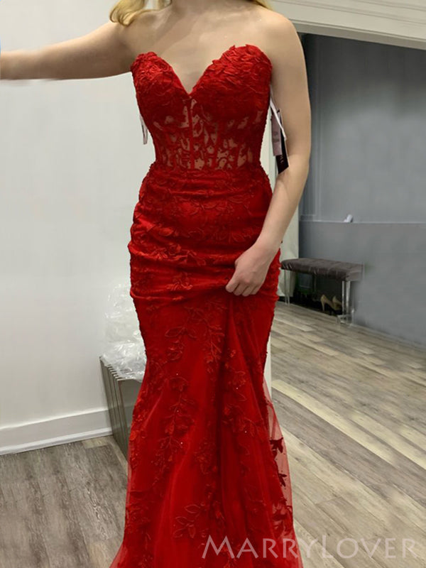 Red Tulle appliques Long Strapless Evening Prom Dresses, Custom Formal MarryLover Red Tulle appliques Long Strapless Evening Prom Dresses, Custom Formal MarryLover