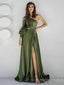 Clover Satin One Shoulder Long Evening Prom Dresses, High Slit Lone Sleeves Custom Prom Dresses, MR8321