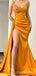Gold Satin Strapless Long Mermaid Evening Prom Dresses, High Slit V-neck Custom Prom Dresses, MR8323