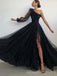 A-line One Shoulder Long Sleeves Black Tulle Long Side Slit Evening Prom Dresses, Cheap Custom prom dresses, MR8334