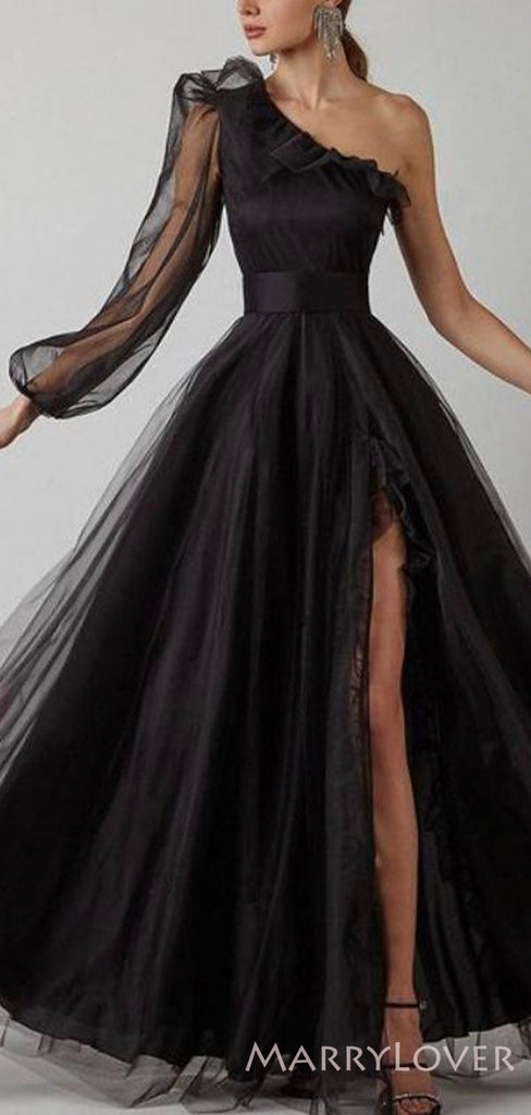 A-line One Shoulder Long Sleeves Black Tulle Long Side Slit Evening Prom Dresses, Cheap Custom prom dresses, MR8334